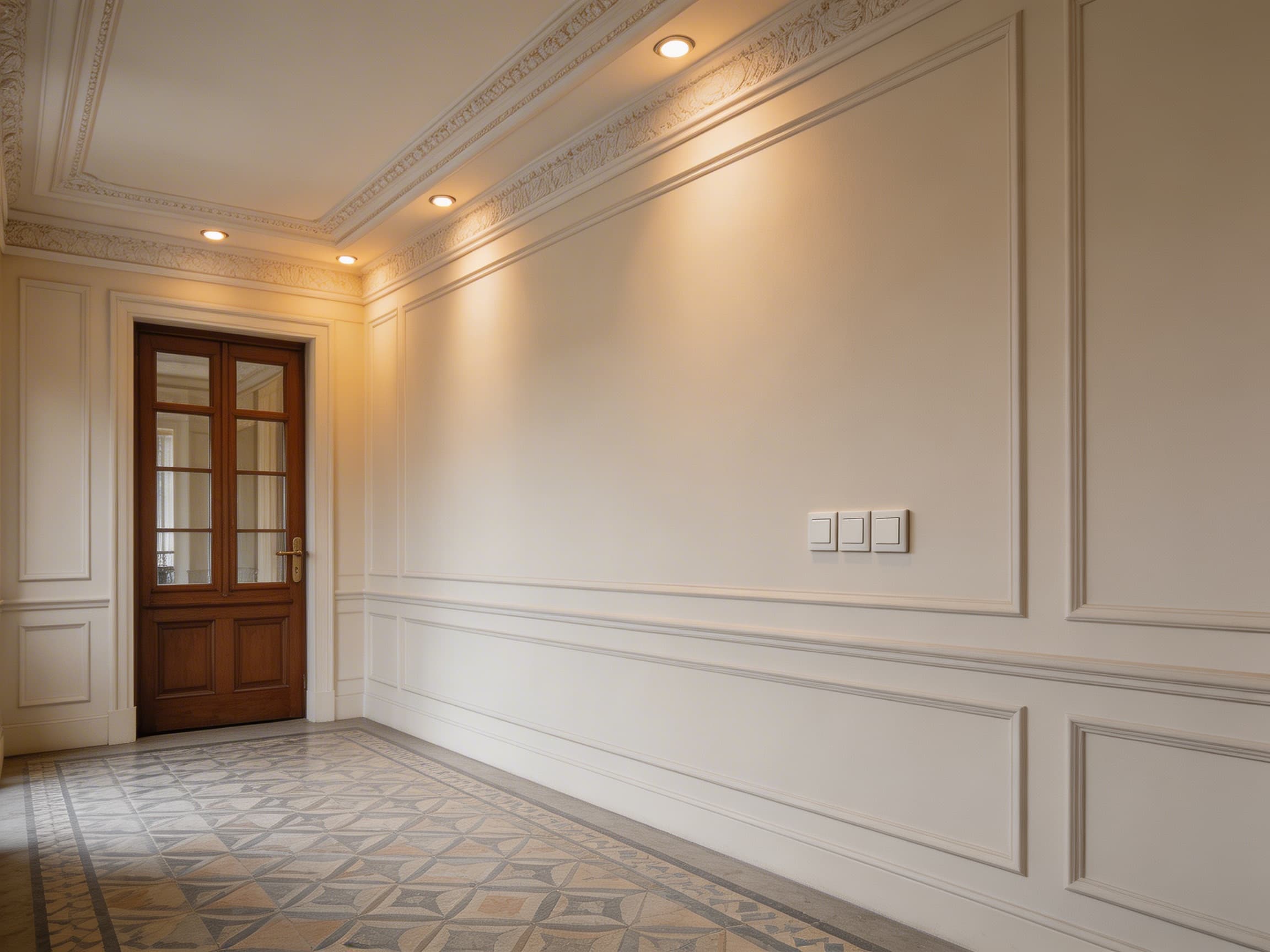 Spot LED commandé par poussoir et minuterie — hall d'immeuble