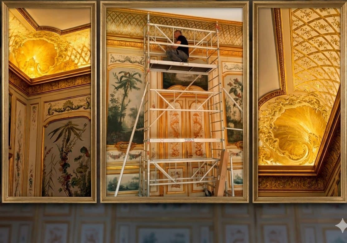 Intervention sur plafonds peints et dorures dans hôtel particulier — remplacement de réglette fluorescente par ruban LED