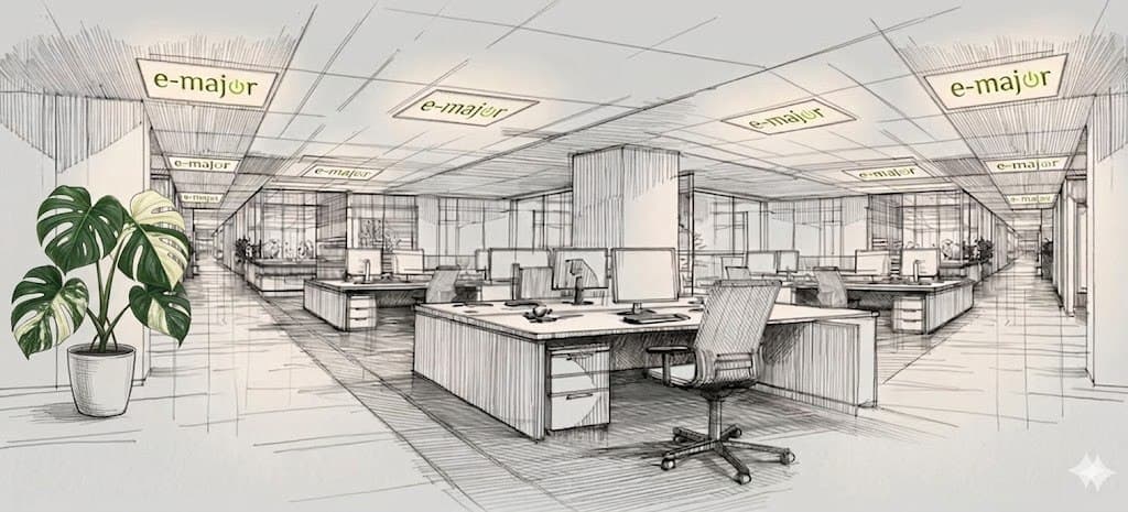 Plateau de bureaux open-space avec panels LED suspendus personnalisés au logo E-Major
